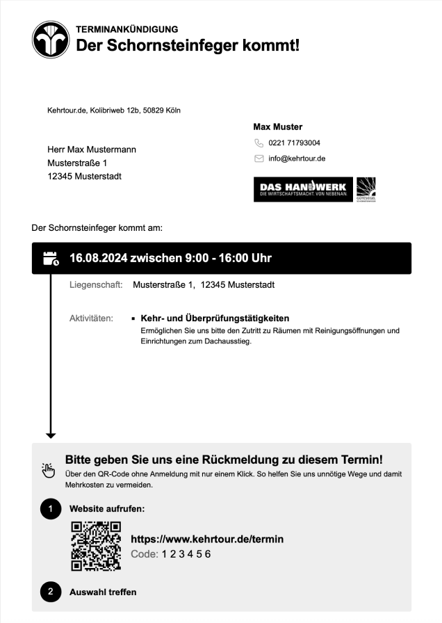 Deine Kunden erhalten ihre Terminankündigung per Post oder E-Mail
