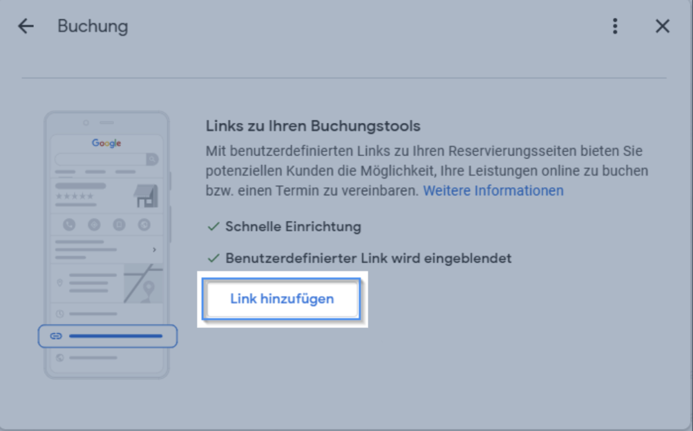 Dialog Buchungslink hinzufügen